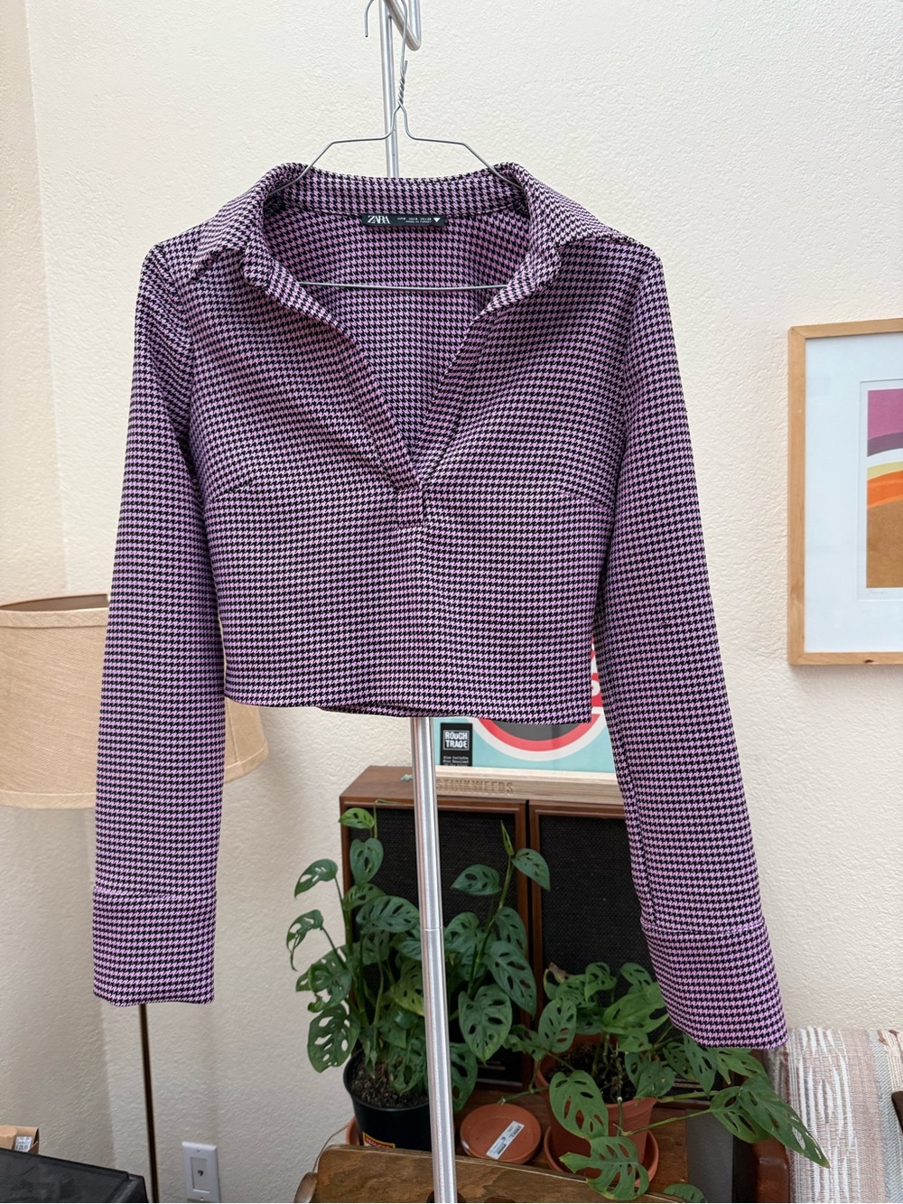 Zara Purple Houndstooth Collared Crop Top
